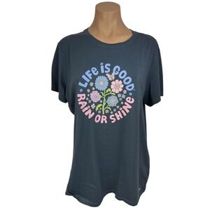 Life is Good Graphic Gray Tee Shirt Sz X  "Life is Good Rain or Shine w Flowers"